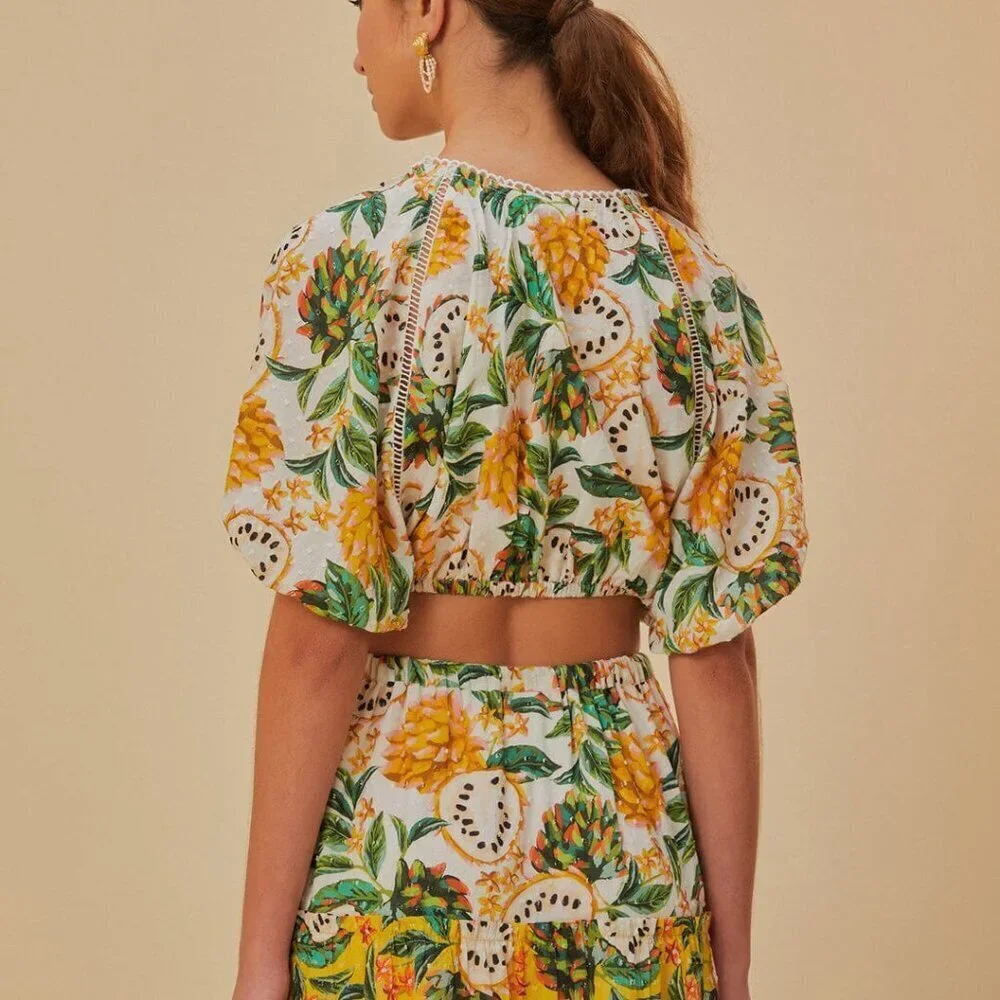 NWT FARM Rio Off-White Biriba Cropped Top Yellow Green Floral Puff Sleeve Blouse